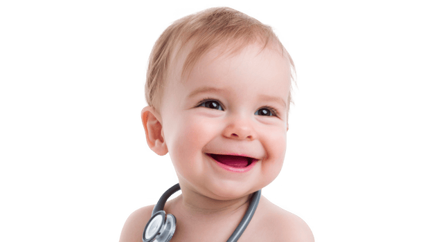 Smiling baby wearing a stethoscope on transparent background png