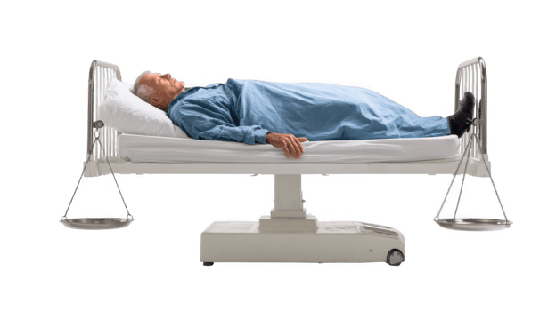 Hospital bed balancing on weighing scale with senior patient resting png