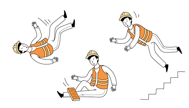 Injured worker fall accident set. Line doodle vector