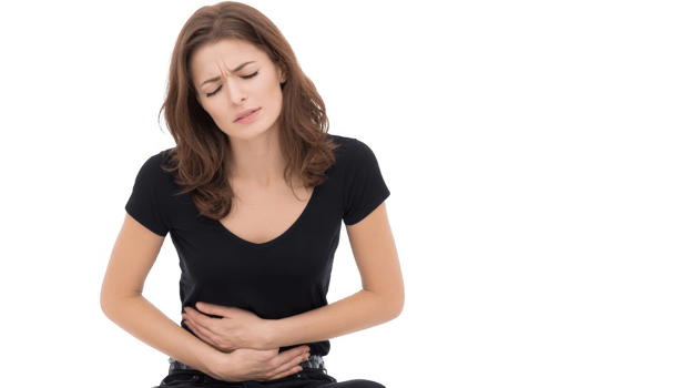 Young woman suffering from strong abdominal pain on transparent background png
