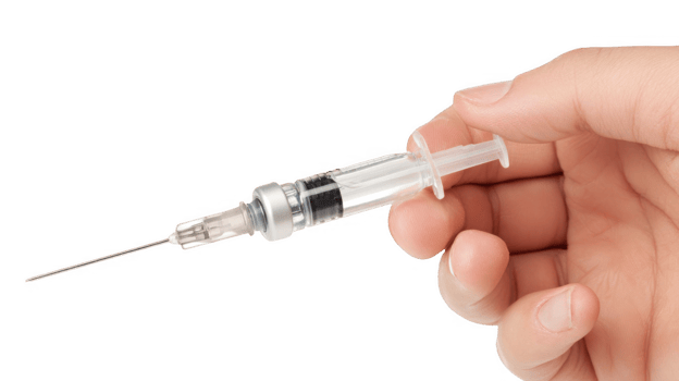 Doctor hand holding syringe with medication on transparent background png