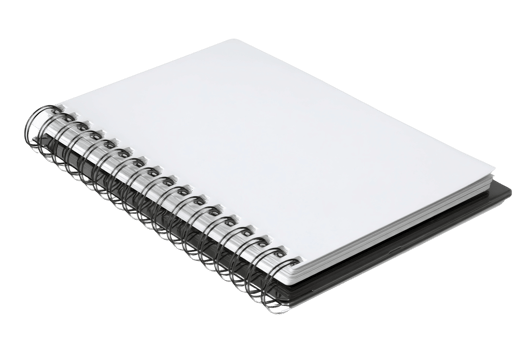 An open notebook with a blank page on a black background png