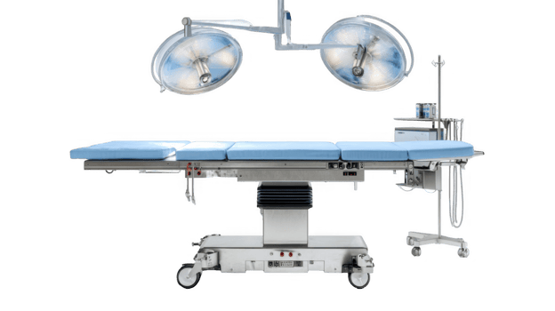 Modern operating table with surgical lights in empty operating room png