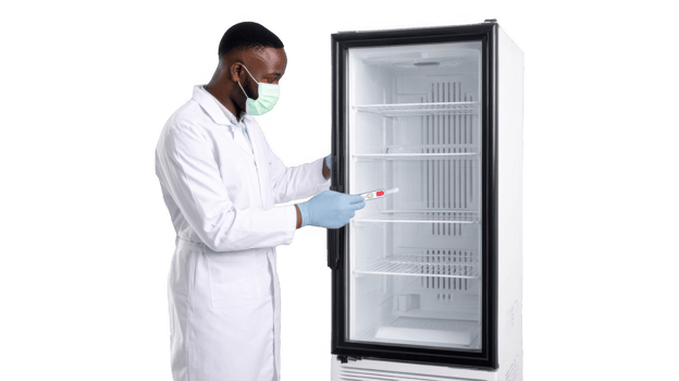 Doctor storing medicine in refrigerator with transparent background png