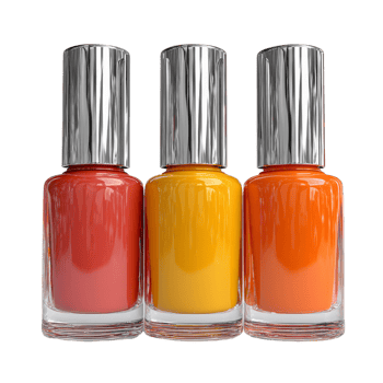 Three bottles of nail polish with orange, yellow and red png