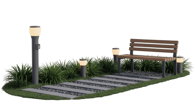 Modern bench with street lamps illuminating a garden path on transparent background png