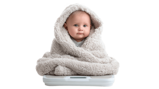 Adorable baby wrapped in warm blanket sitting on weighing scale with transparent background png