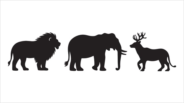 African Wildlife Silhouettes Lion, Elephant, and Deer vector
