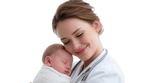 Pediatrician holding sleeping newborn baby with transparent background png