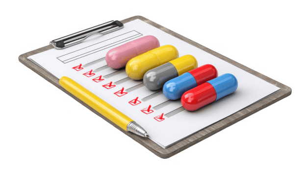 Medication checklist with colorful pills and pen on clipboard png