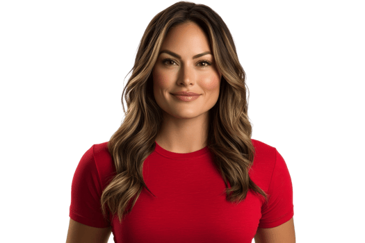 A woman in a red shirt is posing for a photo png