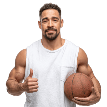 A man holding a basketball and giving a thumbs up png