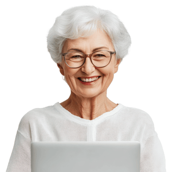 An older woman with glasses and a white shirt is holding a laptop png
