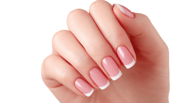 Woman hand showing french manicure on transparent background png
