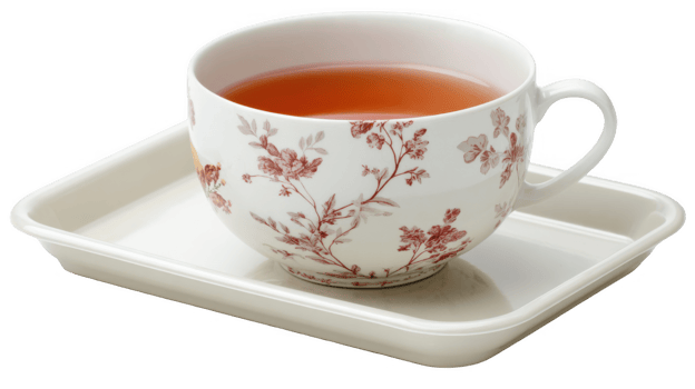Warm herbal tea steaming in a floral china cup on a tray with transparent background png
