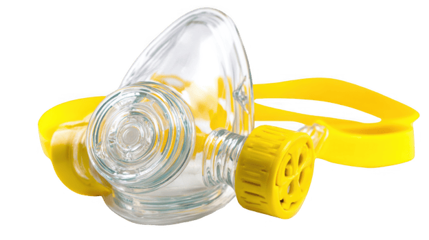 Oxygen mask with yellow strap providing supplemental oxygen on transparent background png