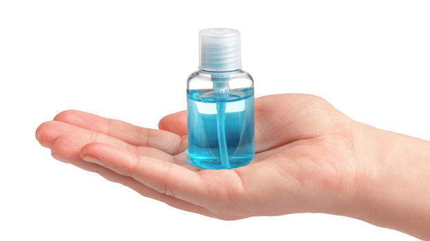 Hand holding small sanitizer bottle on transparent background png