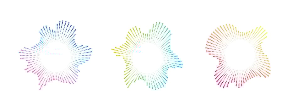 A set of circular multicolor equalizers from bursting rays of musical sound. Radial sound, frequency sound neon waves . Pulsating music design element, circular waves. radial spectrum. vector