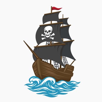 pirate ship cartoon. Wooden boat ship on water. Corvette or frigate with skull and bones flag at sea, ocean vector