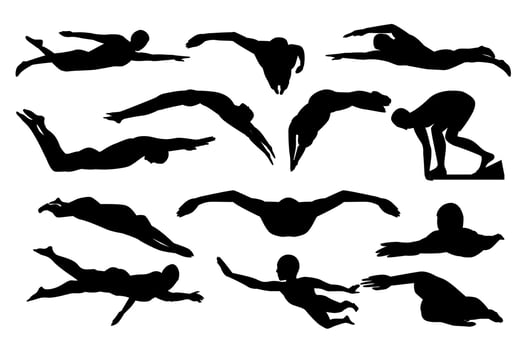 Set of male swimmer silhouettes. Black and white Illustration vector