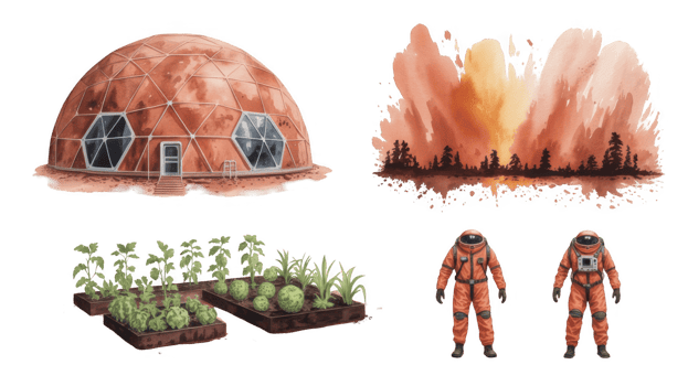 Watercolor mars colonization concept with astronaut, habitat, plants and landscape on transparent background png