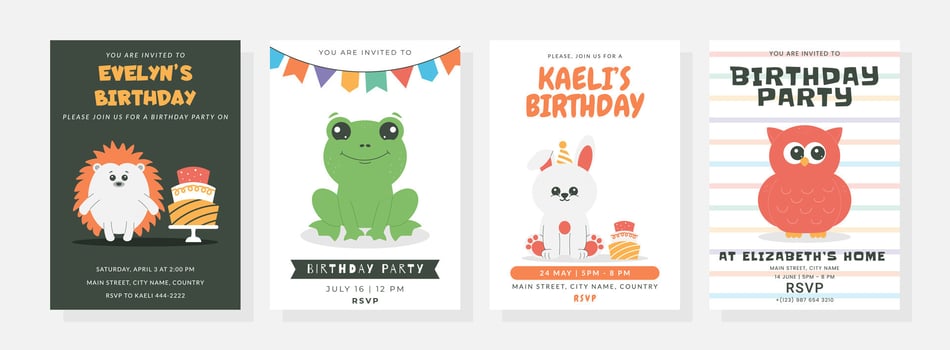 Happy birthday posters set with cute little frog, bunny, owl, hedgehog, hat, cakes. Birthday party illustration for greeting card, invitation, banner and more vector