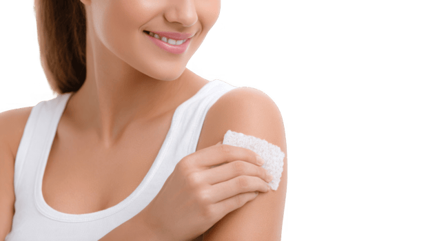 Woman applying sterile gauze to shoulder after vaccination on transparent background png