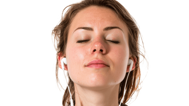 Young woman listening to music with earphones and closed eyes on transparent background png