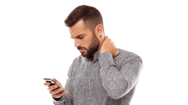 Manager suffering from neck pain while using smartphone with transparent background png