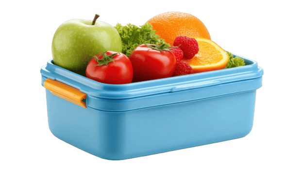 Light blue lunch box full of fresh fruits and vegetables on transparent background png