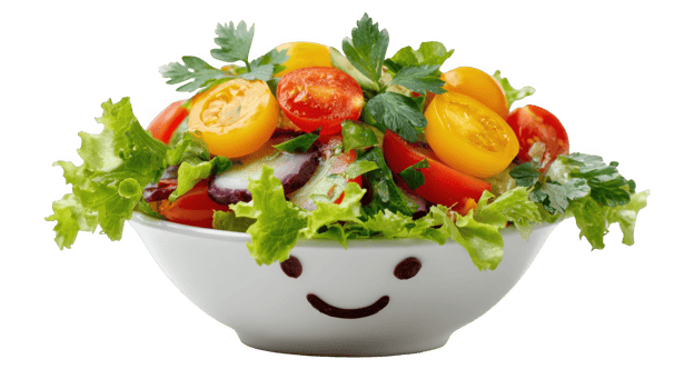 Fresh salad with lettuce, tomatoes, cucumber, and parsley in a smiling bowl on transparent background png