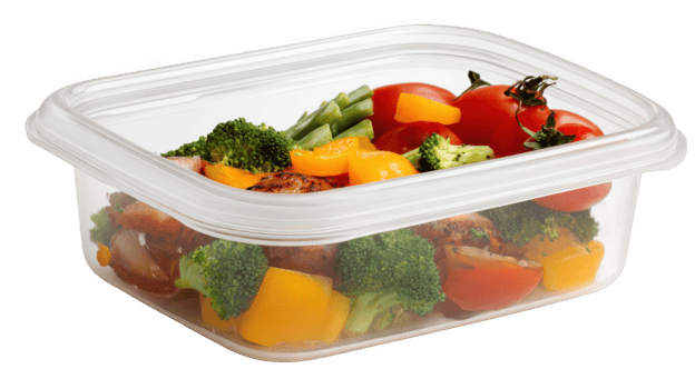 Plastic container holding leftover cooked chicken with broccoli, tomatoes, peppers, and green beans on transparent background png
