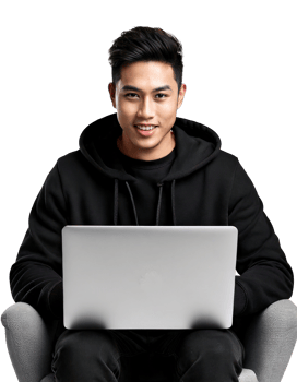 A man in a black hoodie sitting on a chair with a laptop png