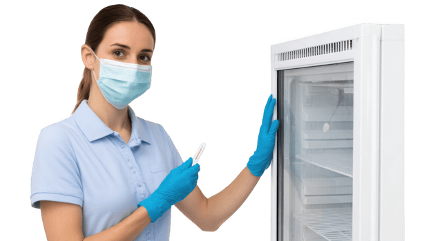 Nurse checking temperature of refrigerator with transparent background png