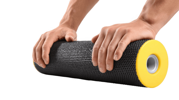 Athlete holding foam roller for muscle recovery on transparent background png