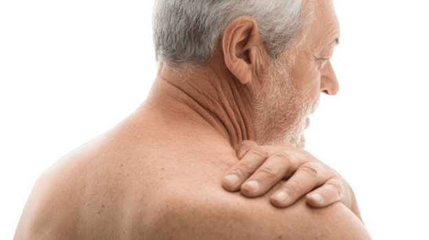Senior man experiencing shoulder pain on transparent background png