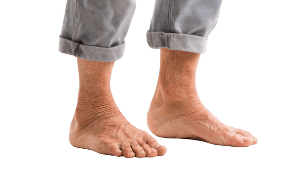Elderly man shuffling bare feet on transparent background png