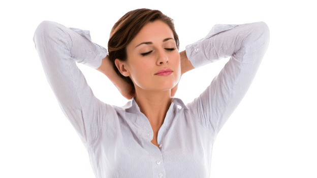 Businesswoman relaxing with hands behind head on transparent background png