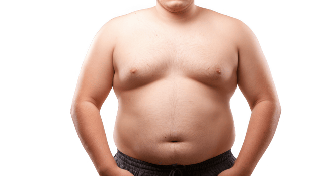Overweight man showing big belly on transparent background png