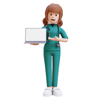 3D medical nurse doctor character in a white lab coat presenting to a laptop png