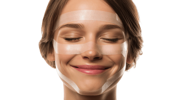 Woman relaxing with kinesiology tape on face and smiling with closed eyes png