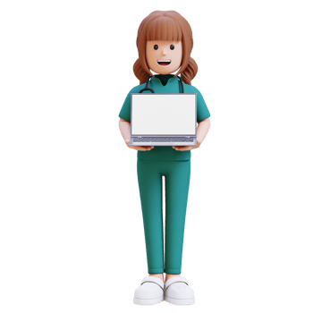 3D medical nurse doctor character holding a laptop with a white screen png