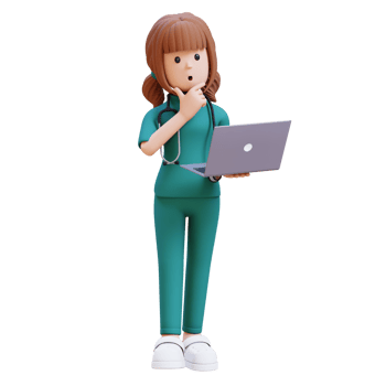 3D medical nurse doctor character is holding a laptop computer and thinking png