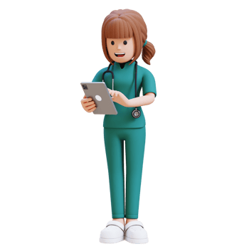 3D medical nurse doctor character is working on a tablet and smiling png