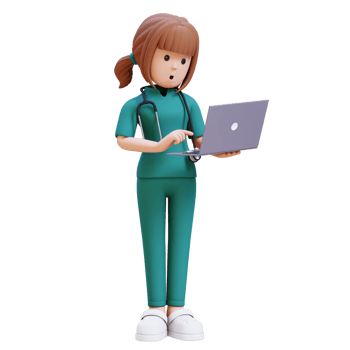 3D medical nurse doctor character is holding a laptop computer and surprised png