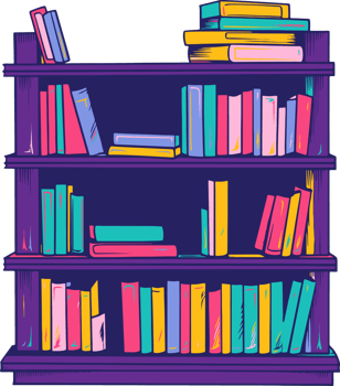 A book shelf with many books on it png