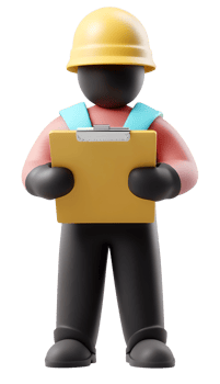 the image shows a 3d stylized figure of a worker against a plain backdrop. the worker is wearing a yellow safety hat and has dark colored limbs and a face png