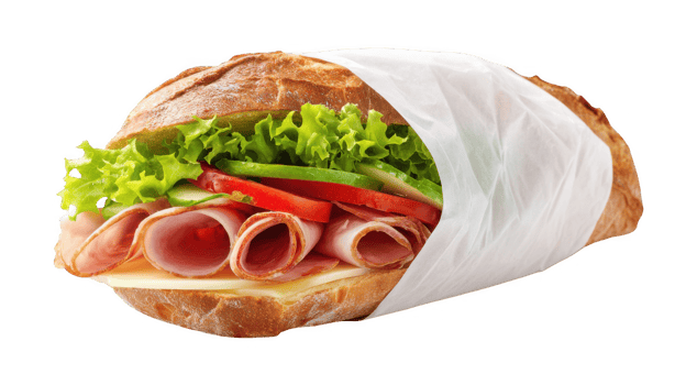 Sandwich wrapped in paper rests on transparent background png