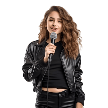 Teenage girl singing with microphone indoor stage photography energetic atmosphere close-up view musical performance png