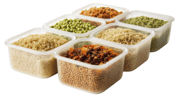 Plastic containers with prepared quinoa, lentils, peas, and tomato sauce on transparent background png